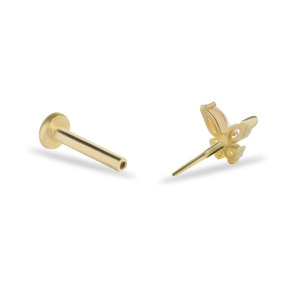 Butterfly Stud piercing earring with clear zircons - 14K Solid Yellow Gold