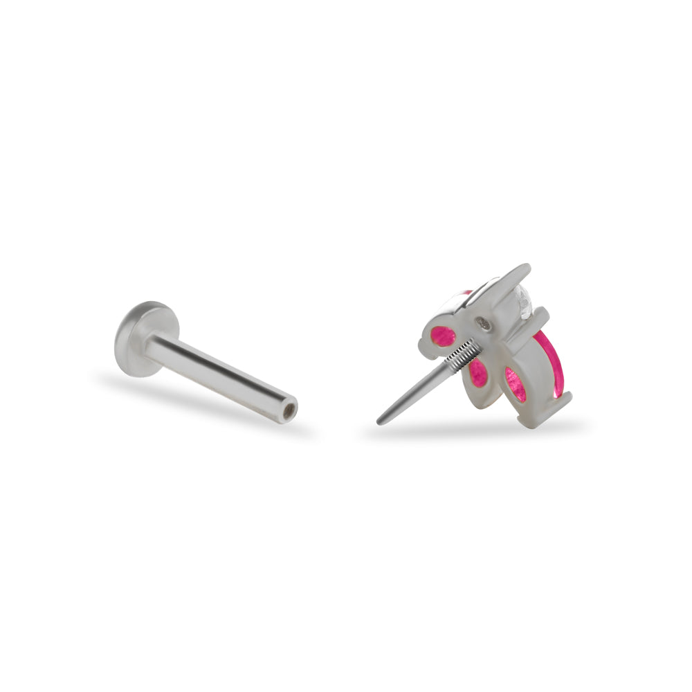 Lotus flower piercing earring with red & clear zircons - 14K Solid White Gold