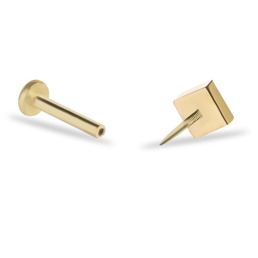 Square stud piercing earring with clear zircons - 14K Solid Yellow Gold