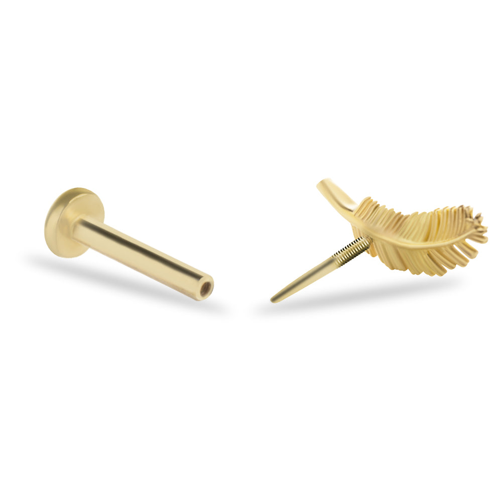 Feather stud piercing earring - 14K Solid Yellow Gold