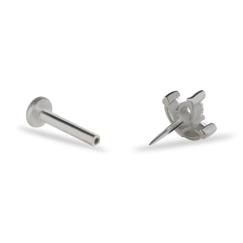 Lotus flower stud piercing earring with clear zircons - 14K Solid White Gold