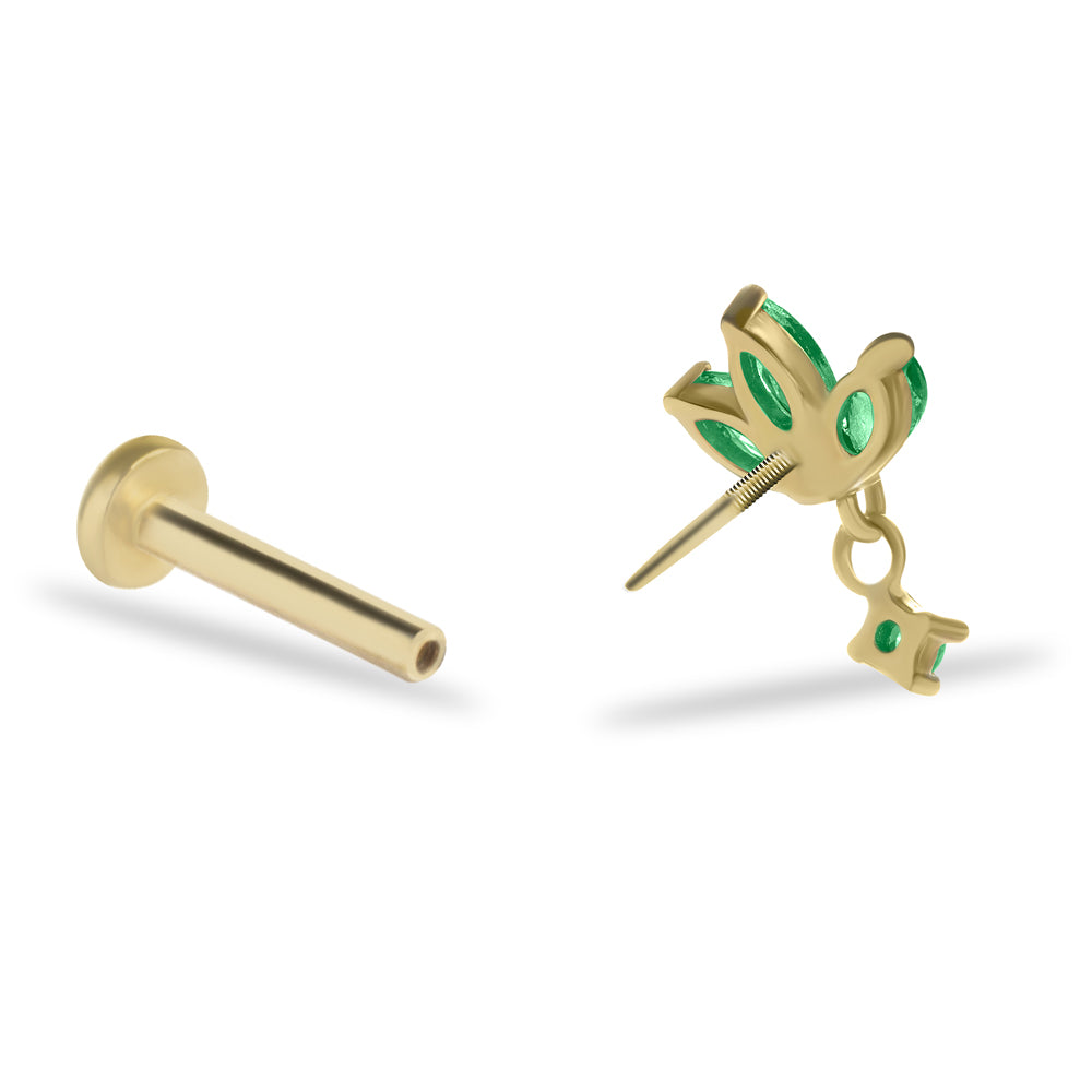 Lotus flower stud piercing earring with green zircons & hanging chain - 14K Solid Yellow Gold
