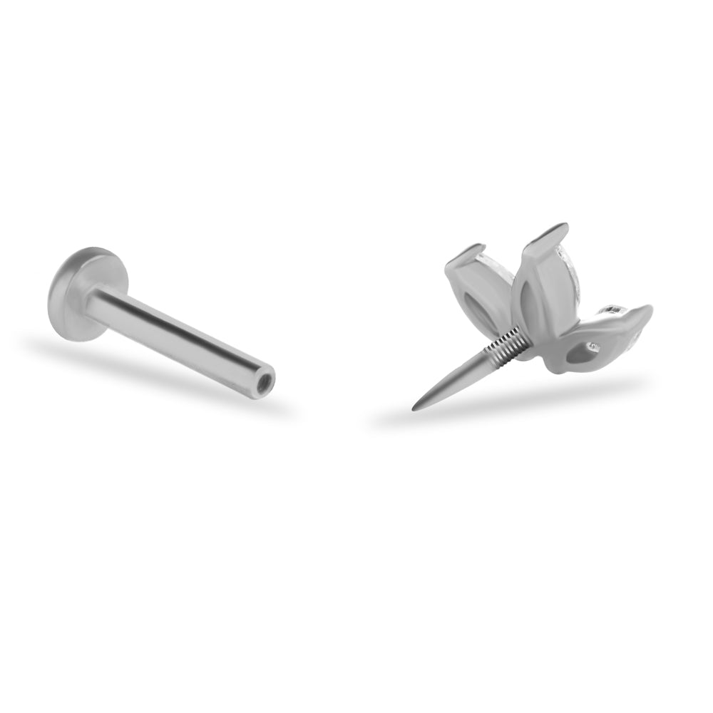 Lotus flower stud piercing earring with clear zircons - 14K Solid White Gold