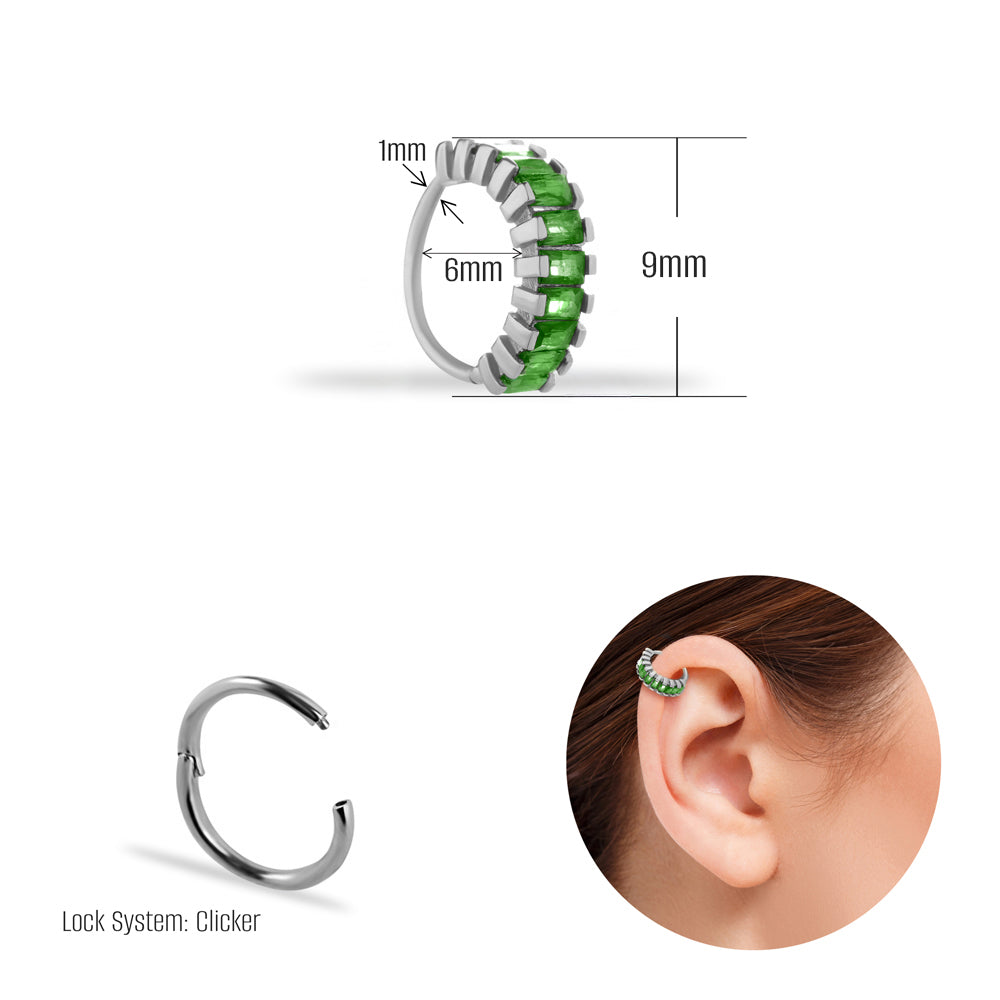 Hoop piercing earring with green zircons - 14K Solid White Gold
