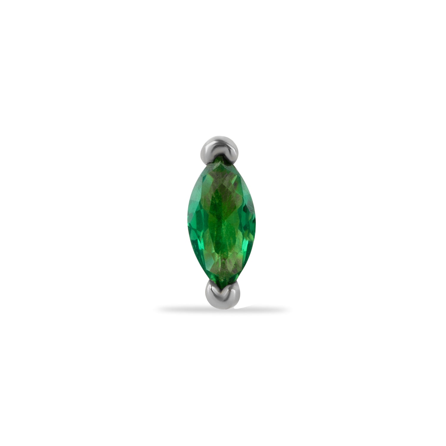 Drop stud piercing earring with green zircons - 14K Solid White Gold
