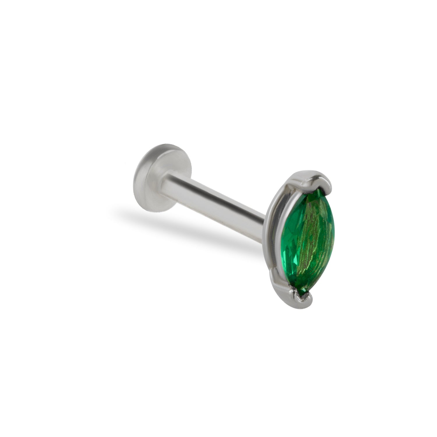 Drop stud piercing earring with green zircons - 14K Solid White Gold