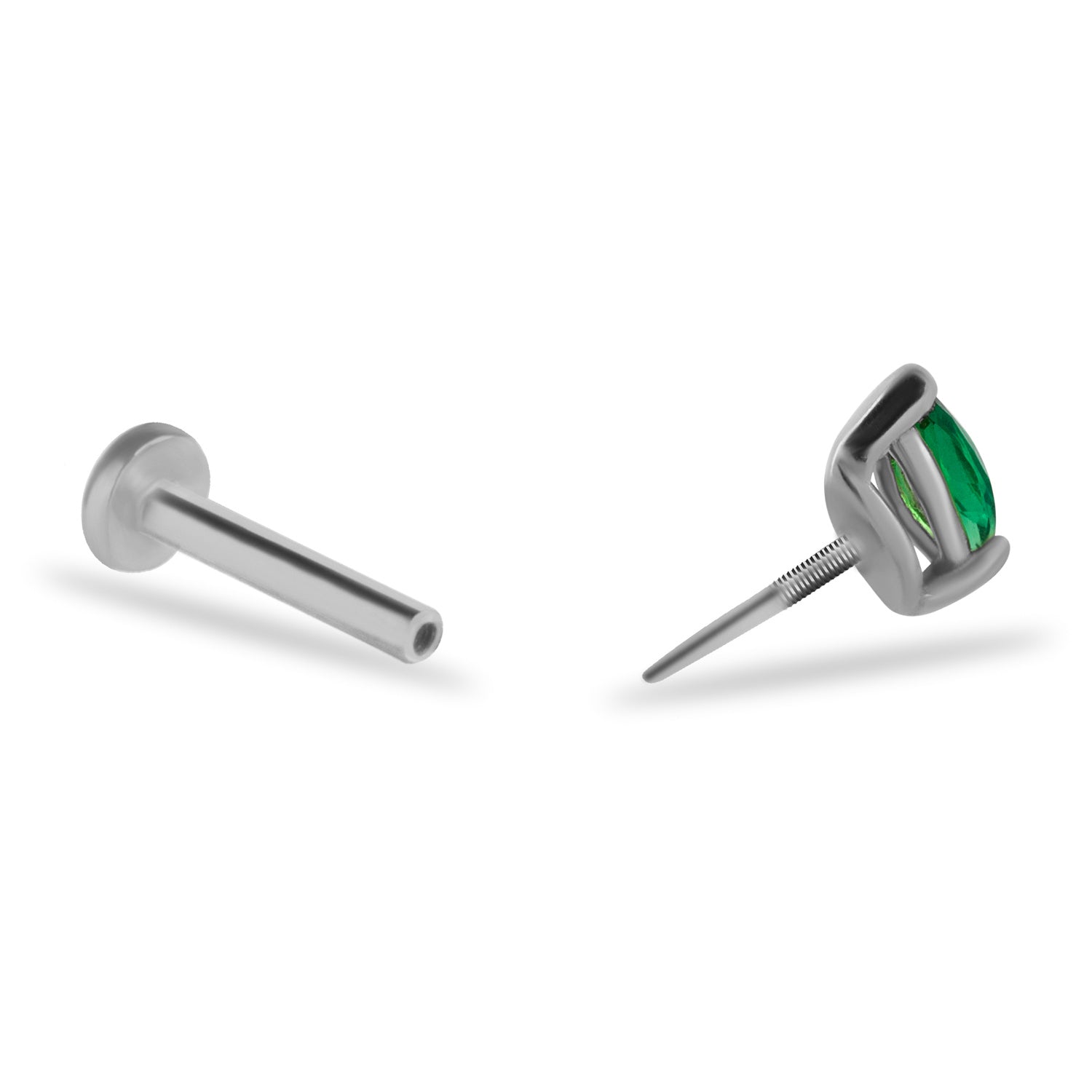 Drop stud piercing earring with green zircons - 14K Solid White Gold