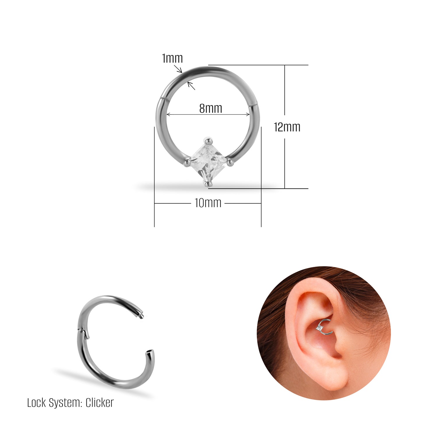 8mm Hoop piercing earring with clear zircon - 14K Solid White Gold