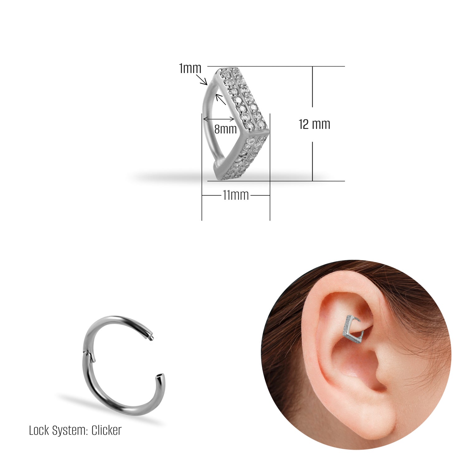 8mm Hoop piercing earring with clear zircons - 14K Solid White Gold