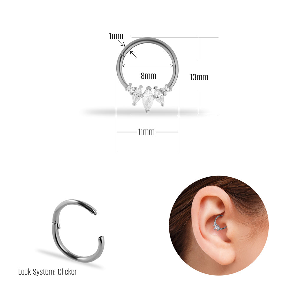 8mm Lotus hoop piercing earring with clear zircons - 14K Solid White Gold