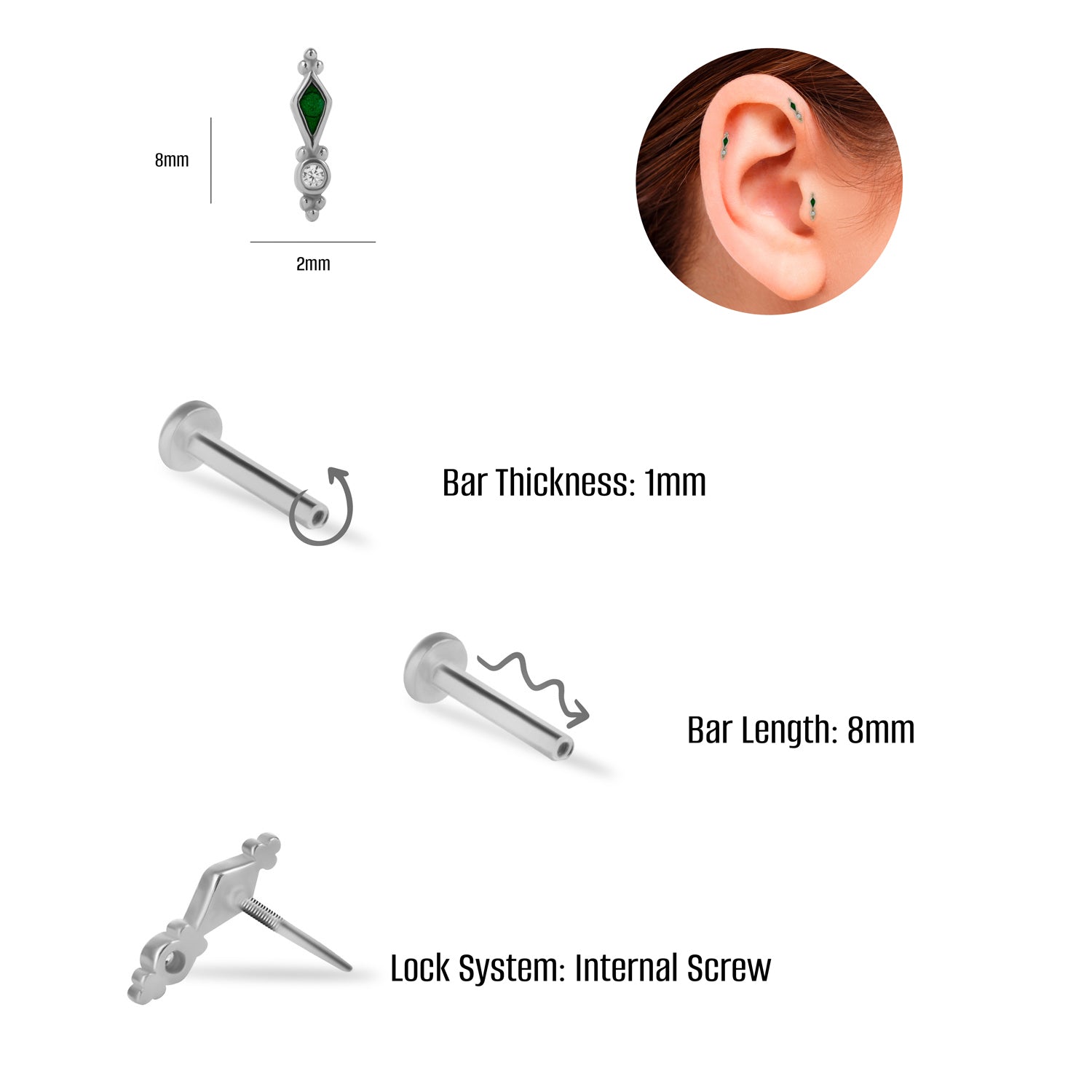 Stud piercing earring with green enamel and clear zircon - 14K Solid White Gold