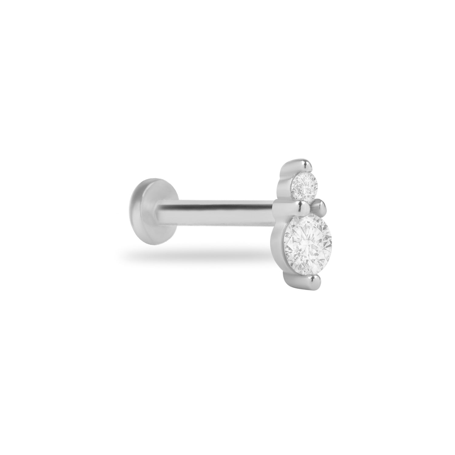 Stud piercing earring with clear zircons - 14K Solid White Gold