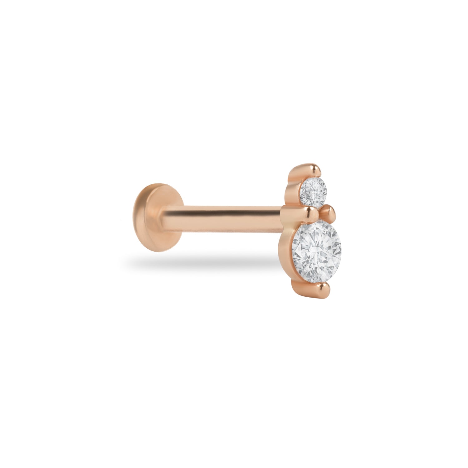Stud piercing earring with clear zircons - 14K Solid Rose Gold