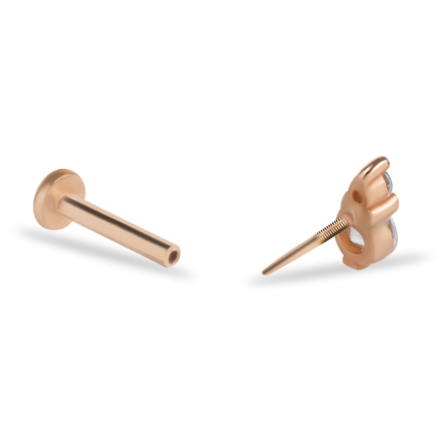 Stud piercing earring with clear zircons - 14K Solid Rose Gold