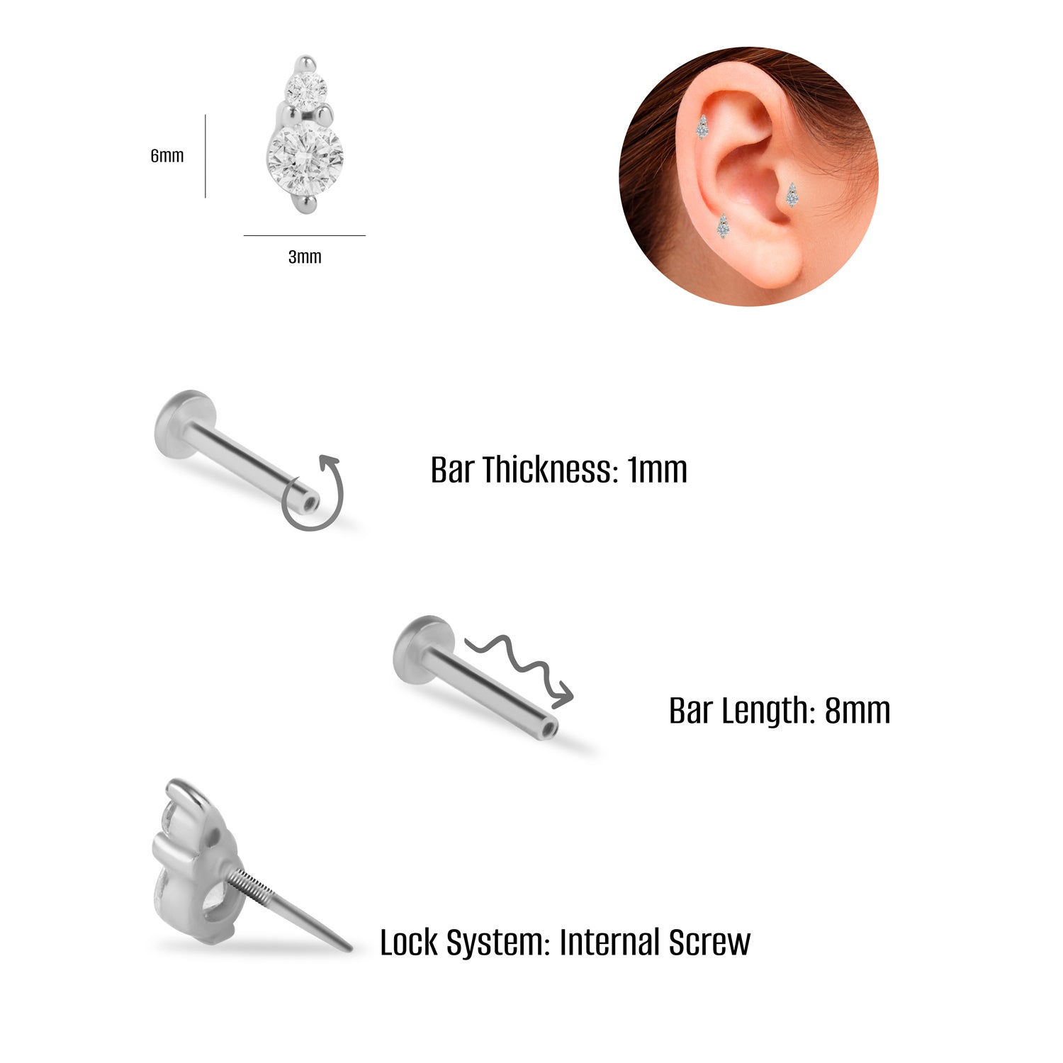 Stud piercing earring with clear zircons - 14K Solid White Gold
