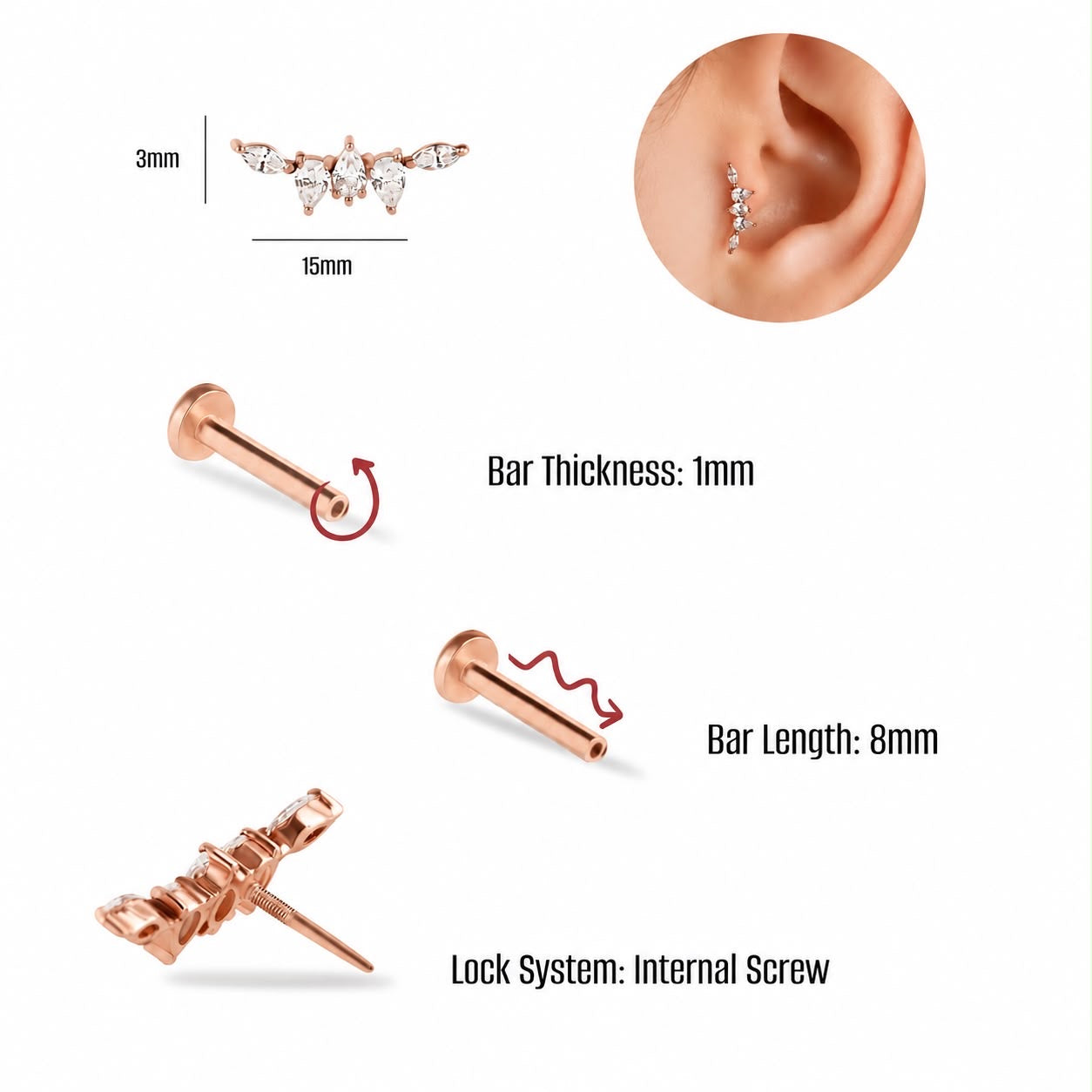 Climber stud piercing earring with clear zircons - 14K Solid Rose Gold