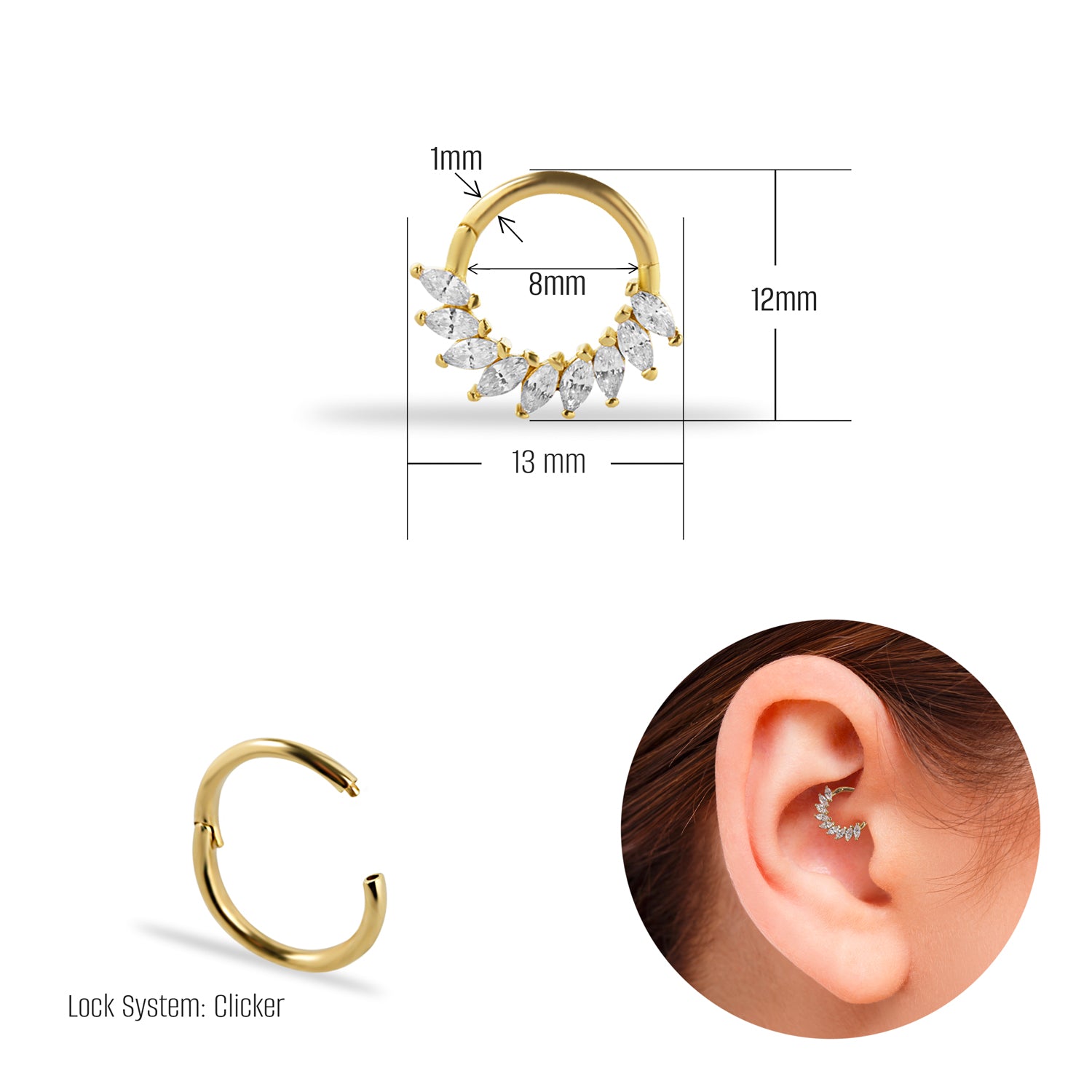 8mm Hoop piercing earring with clear zircons - 14K Solid Yellow Gold