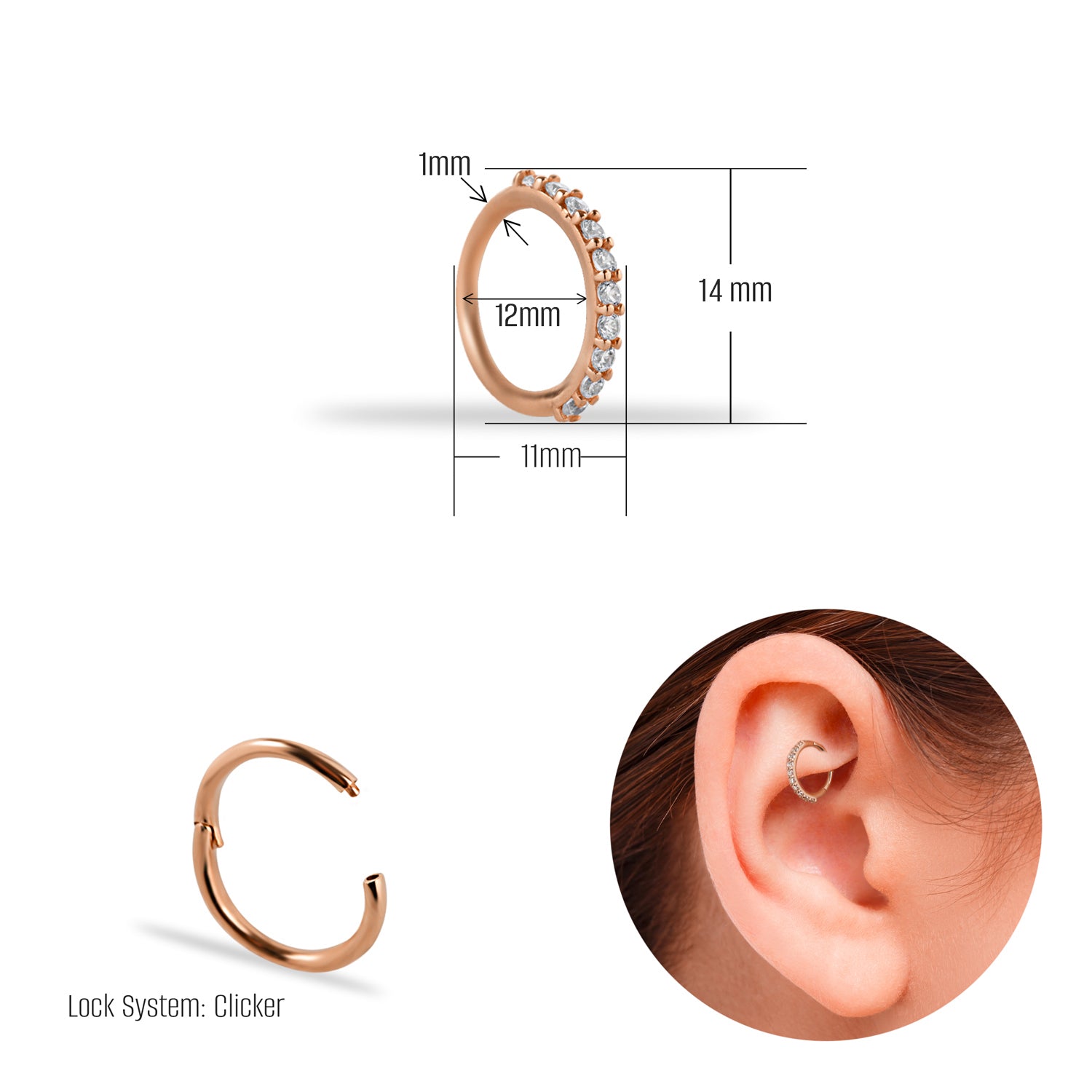 Hoop piercing earring with clear zircons - 14K Solid Rose Gold