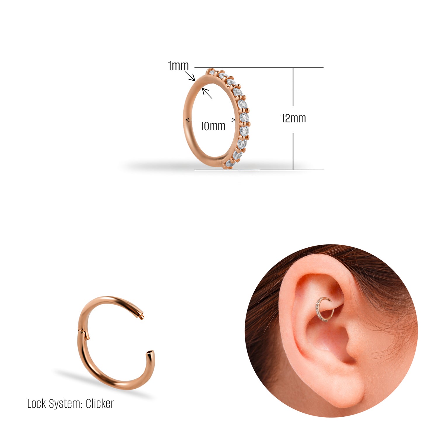 Hoop piercing earring with clear zircons - 14K Solid Rose Gold