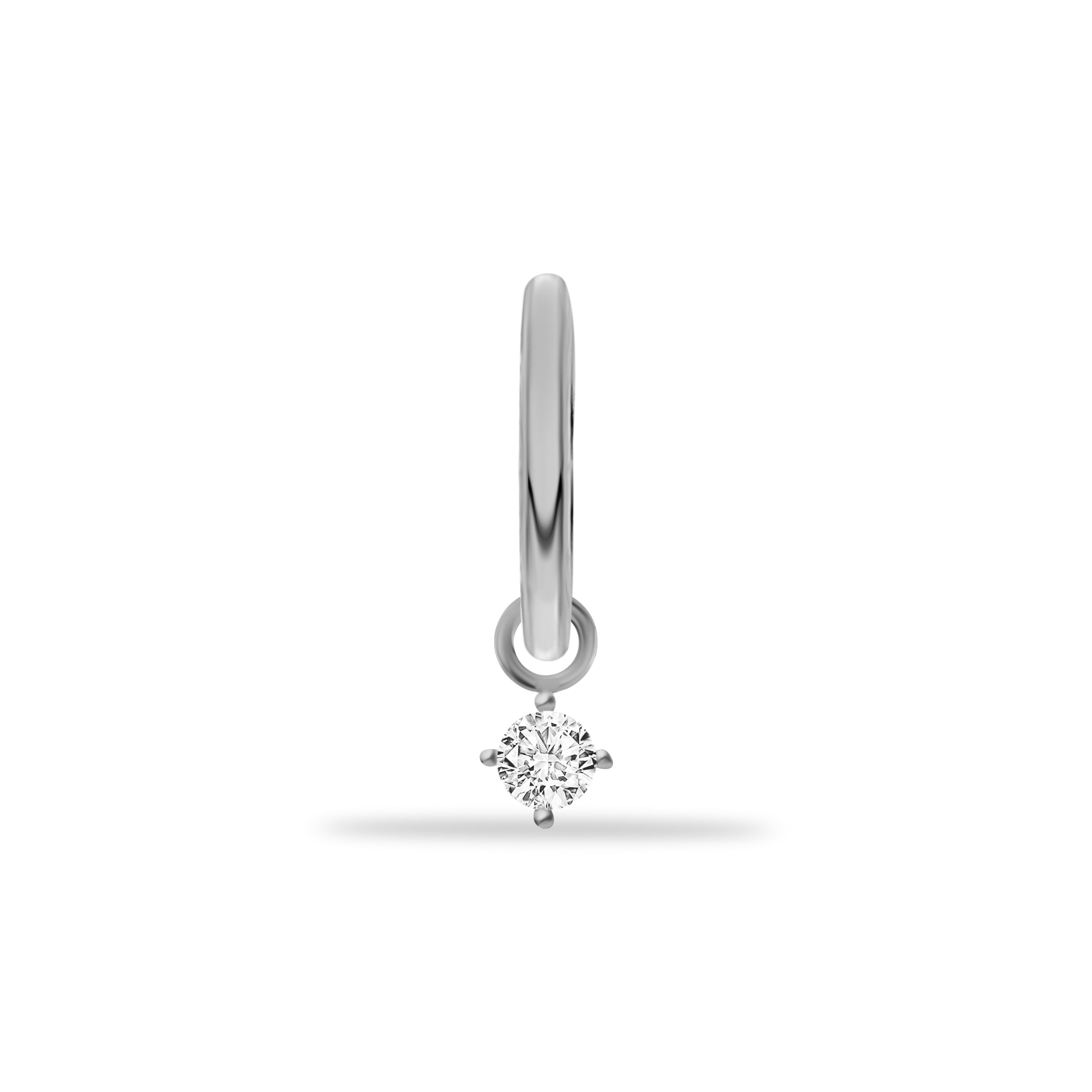 Hoop piercing earring with clear zircon delicate pendant - 14K Solid White Gold