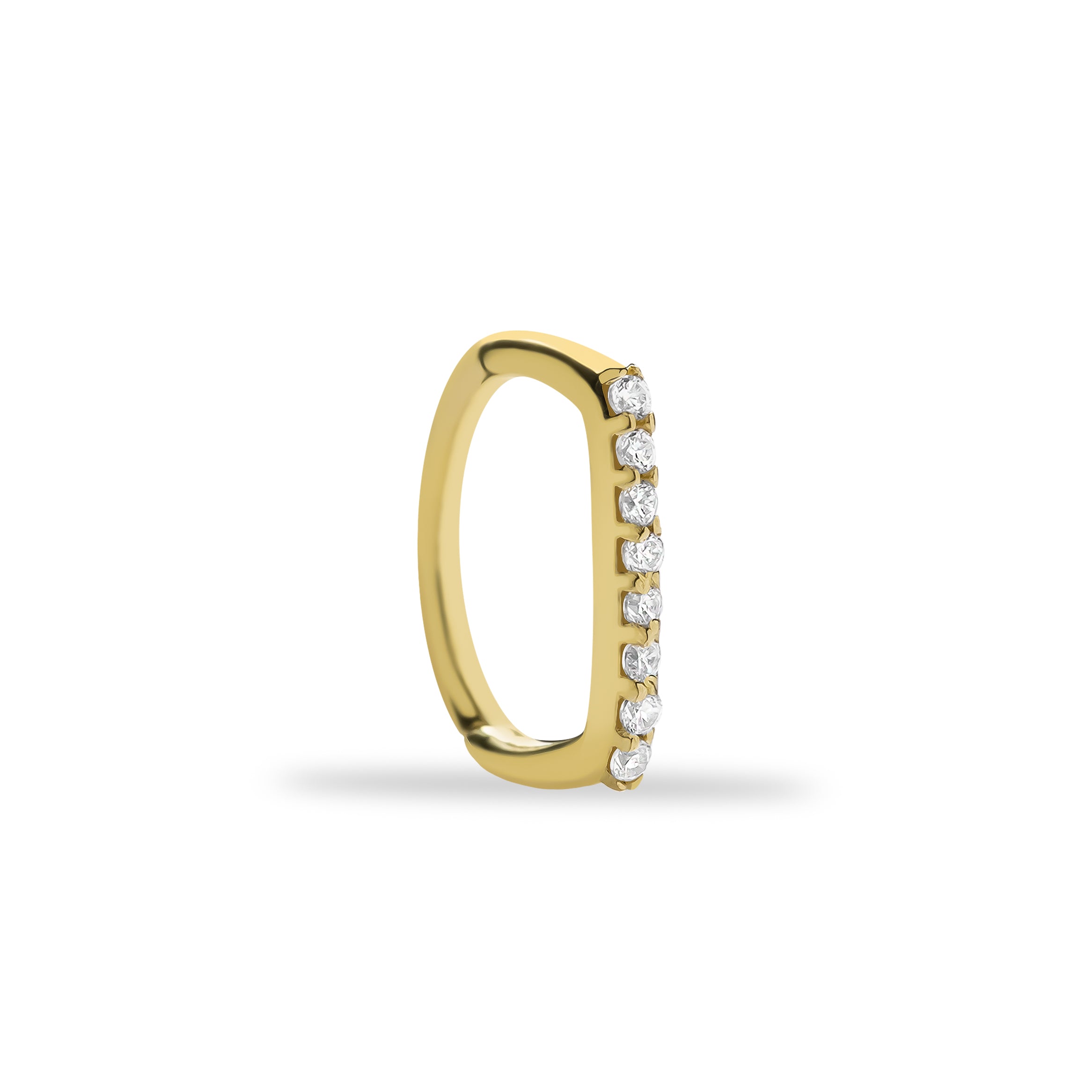 D hoop piercing earring with clear zircons - 14K Solid Yellow Gold