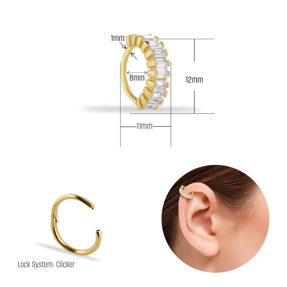 Hoop piercing earring with clear zircons - 14K Solid Yellow Gold