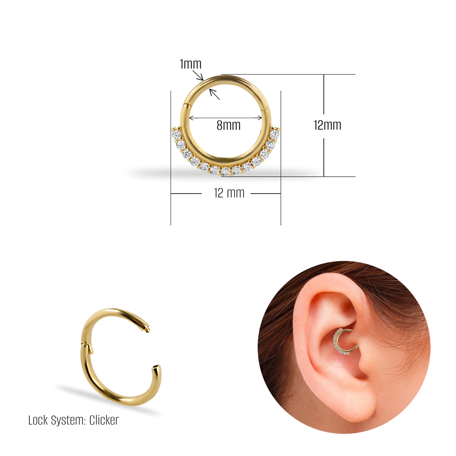 8mm Hoop piercing earring with clear zircons - 14K Solid Yellow Gold