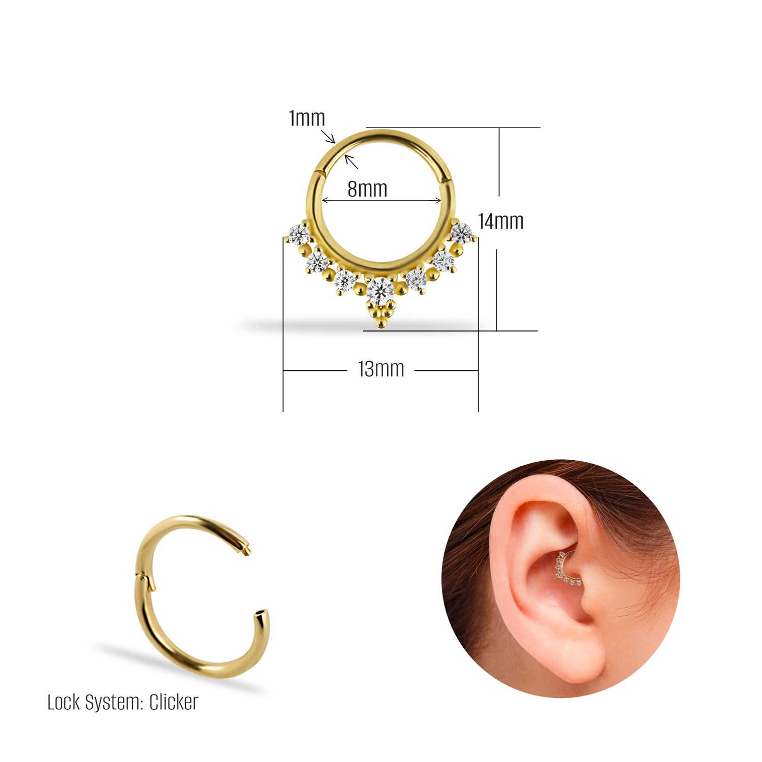 8mm Hoop piercing earring with clear zircons- 14K Solid Yellow Gold