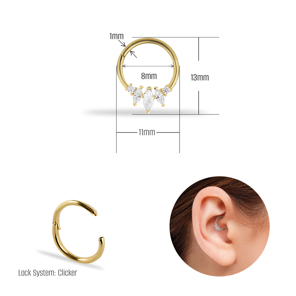 8mm Lotus hoop piercing earring with clear zircons - 14K Solid Yellow Gold