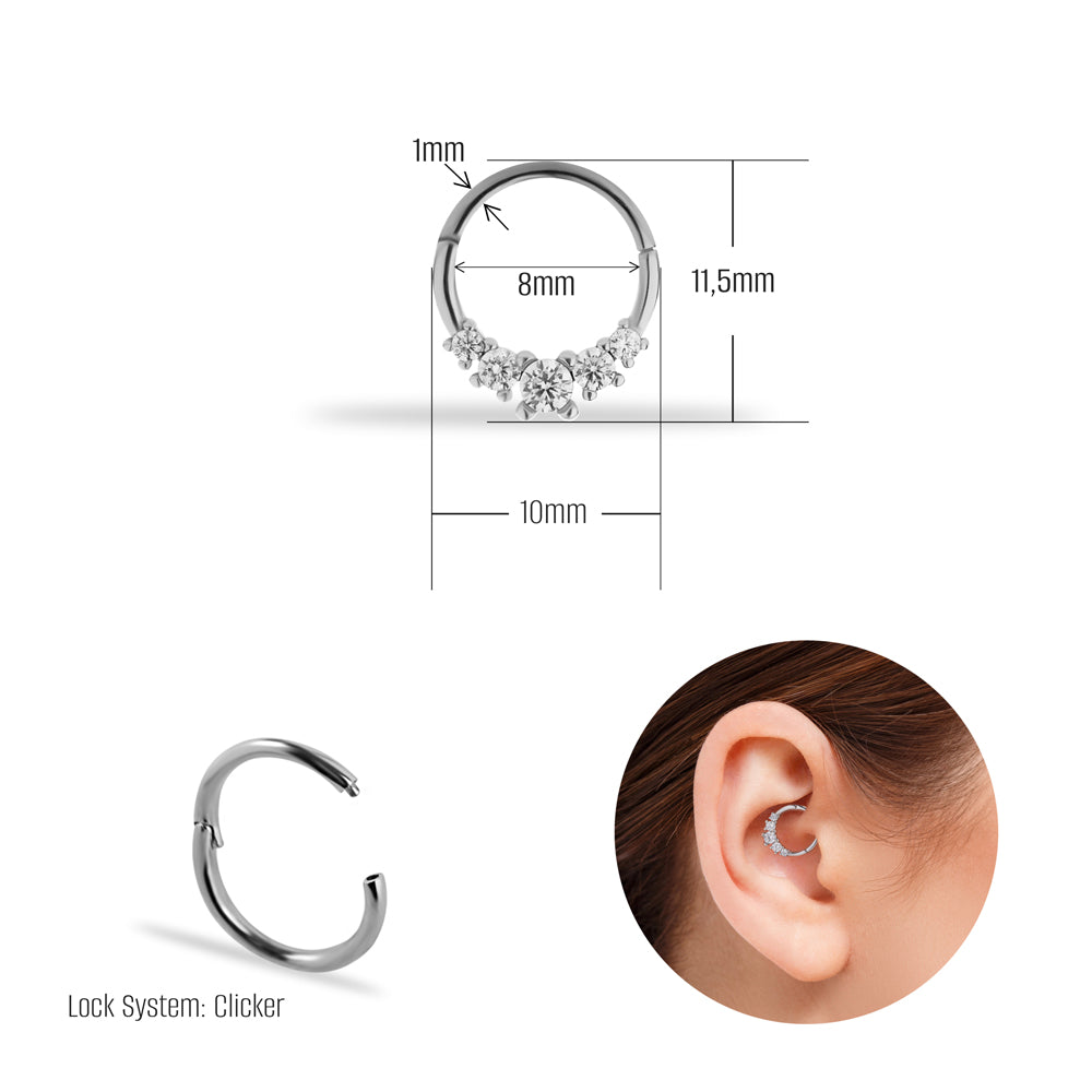 8mm Hoop piercing earring with clear zircons - 14K Solid White Gold