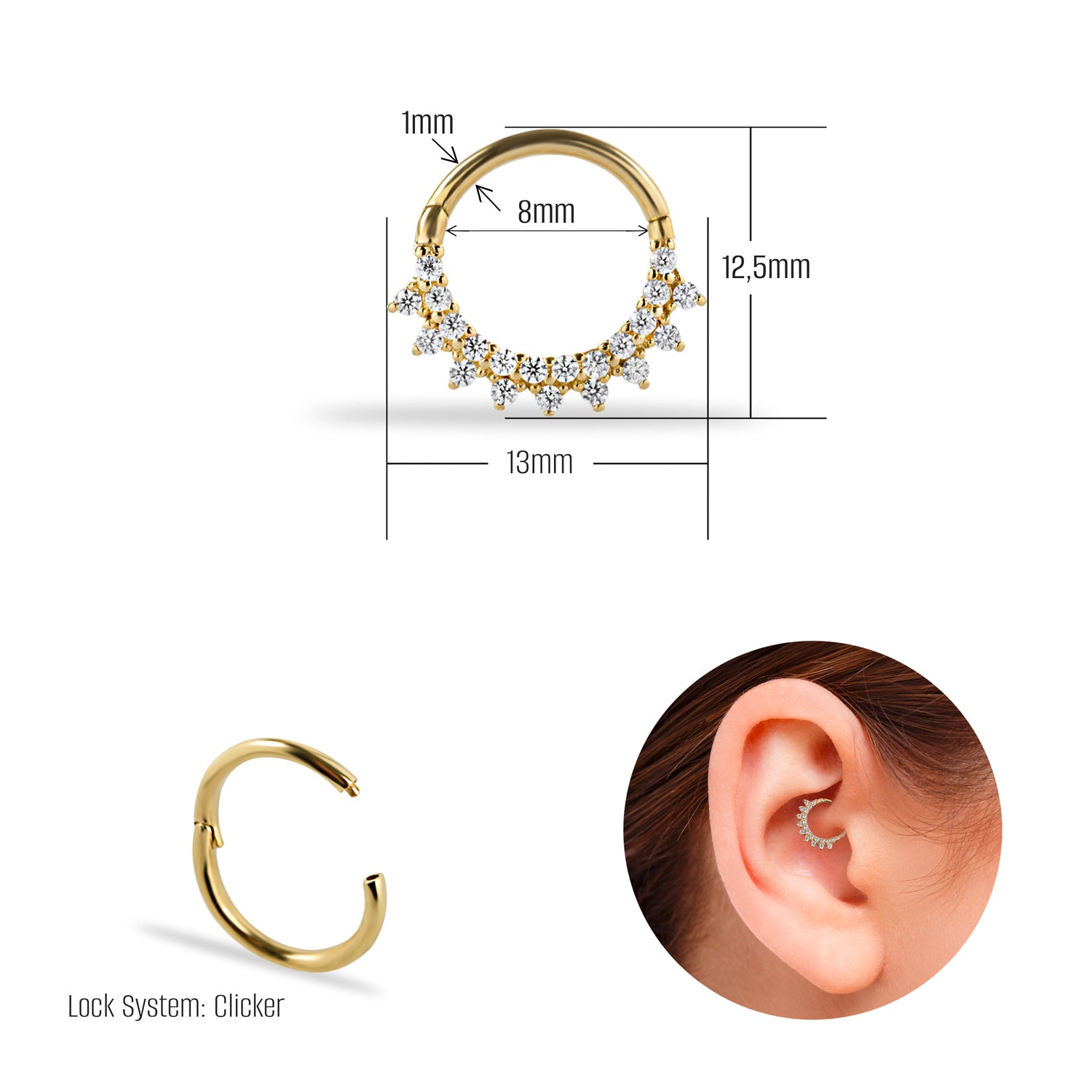 8mm Hoop piercing earring with clear zircons - 14K Solid Yellow Gold
