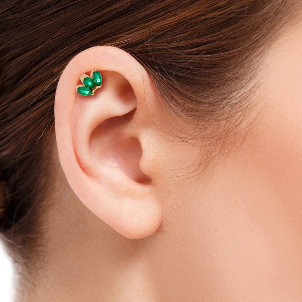 Lotus flower stud piercing earring with green zircons - 14K Solid Yellow Gold