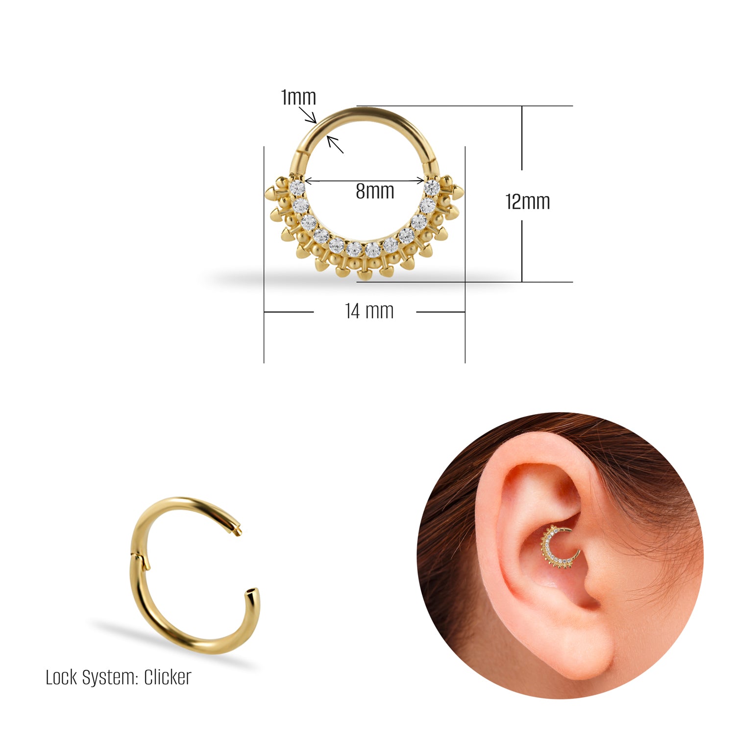 8mm Hoop piercing earring with clear zircons - 14K Solid Yellow Gold