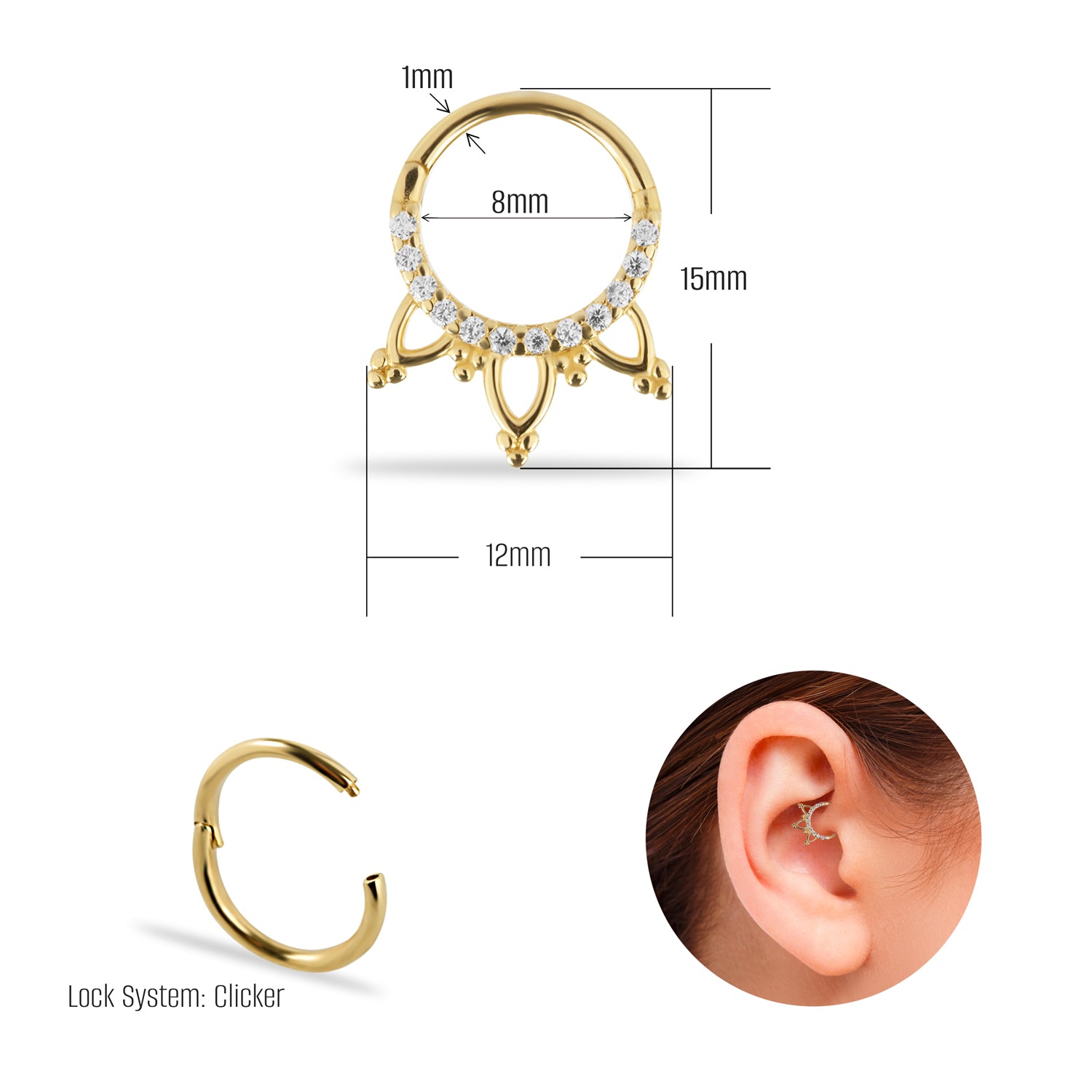8mm Hoop piercing earring with clear zircons- 14K Solid Yellow Gold