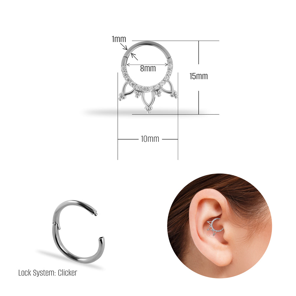 8mm Hoop piercing earring with clear zircons - 14K Solid White Gold