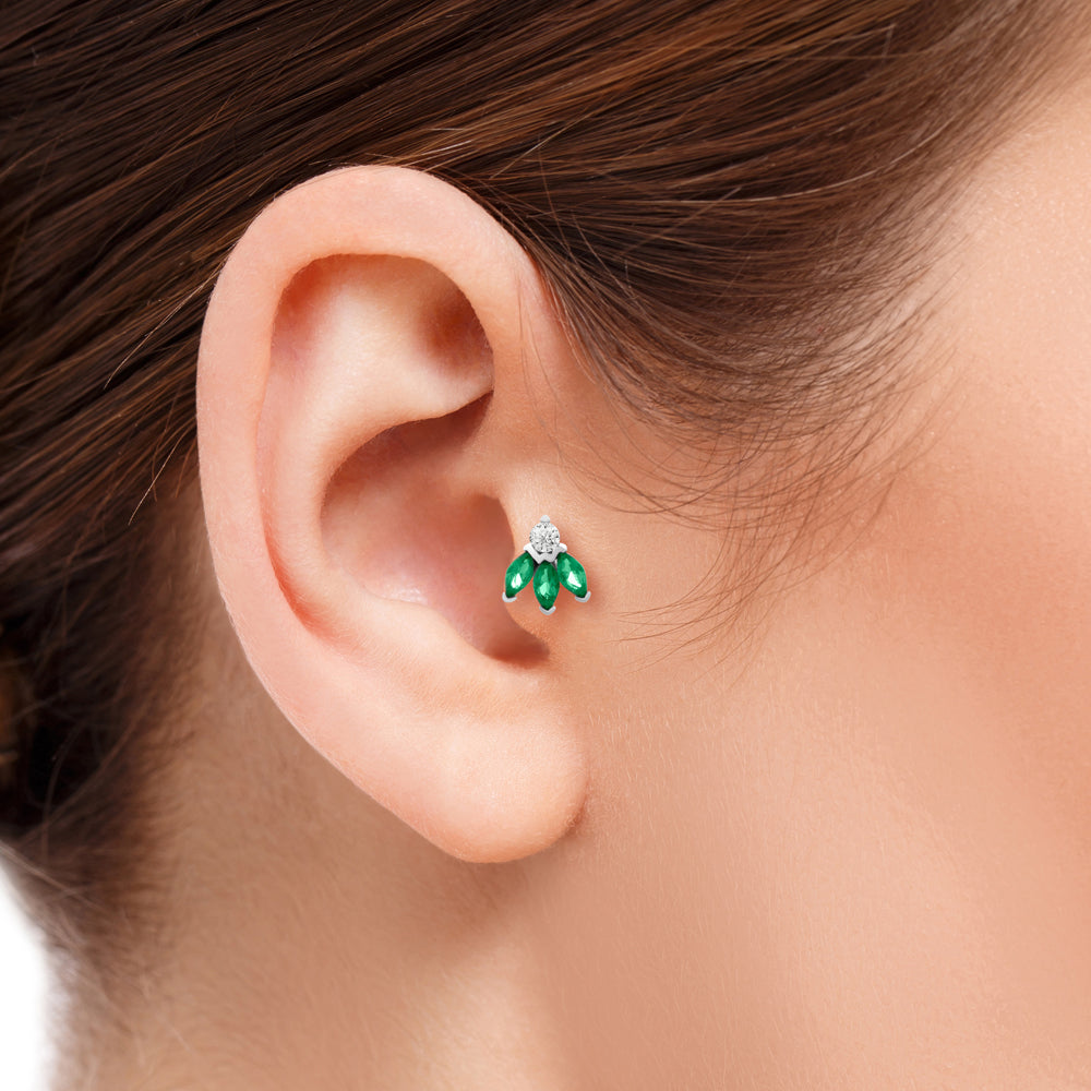 Lotus stud piercing earring with clear & green zircons - 14K Solid White Gold