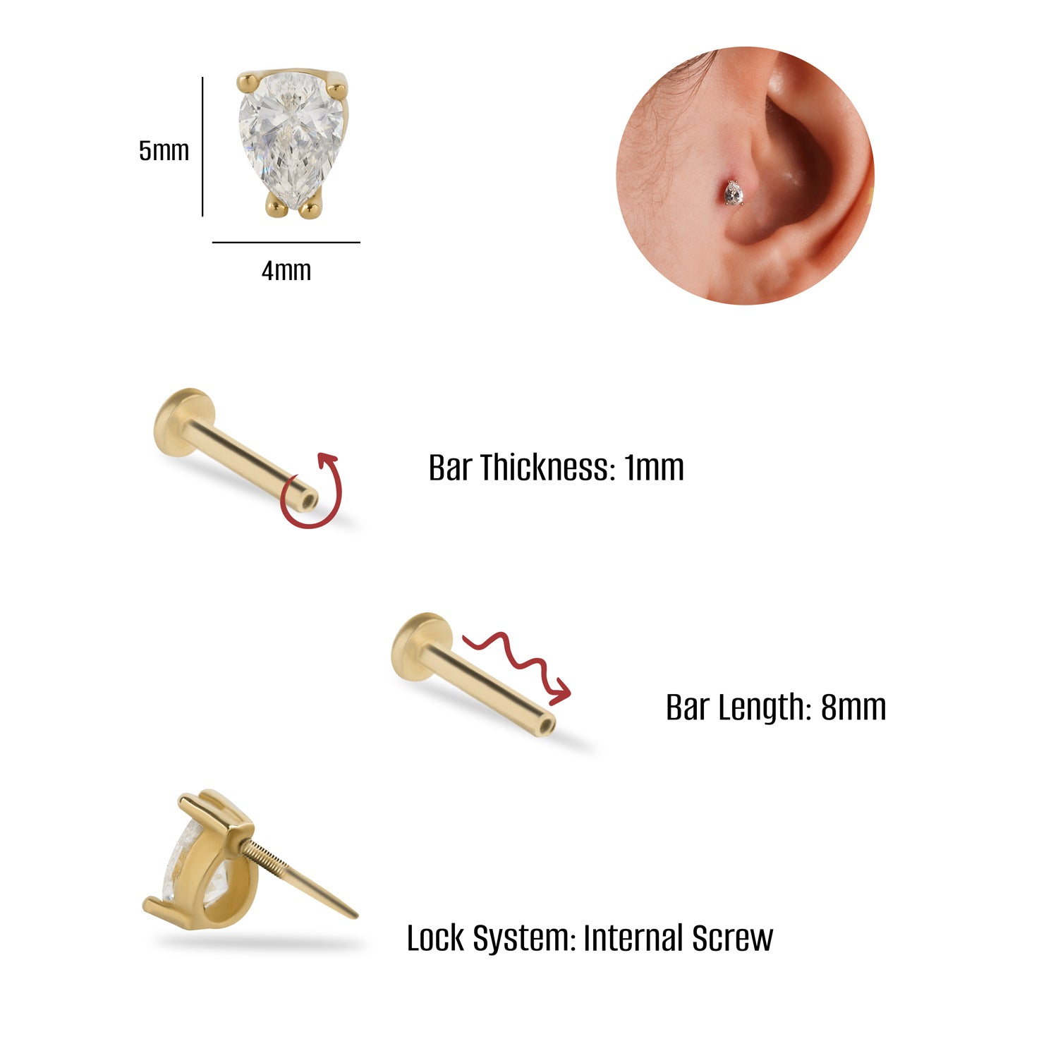 Pear stud piercing earring with clear zircon - 14K Solid Yellow Gold