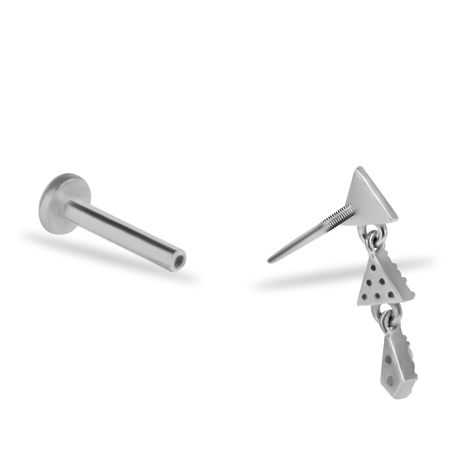 Triangle stud piercing earring with hanging zircons - 14K Solid White Gold