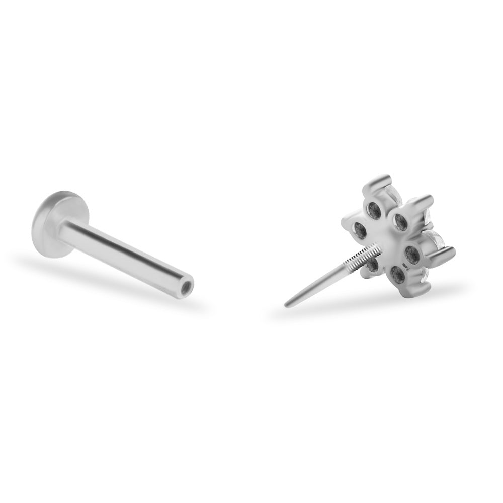 Flower stud piercing earring with clear zircons - 14K Solid White Gold