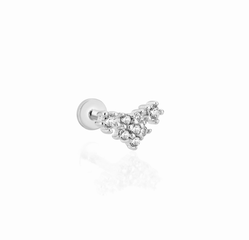 Flower stud piercing earring with clear zircons - 14K Solid White Gold