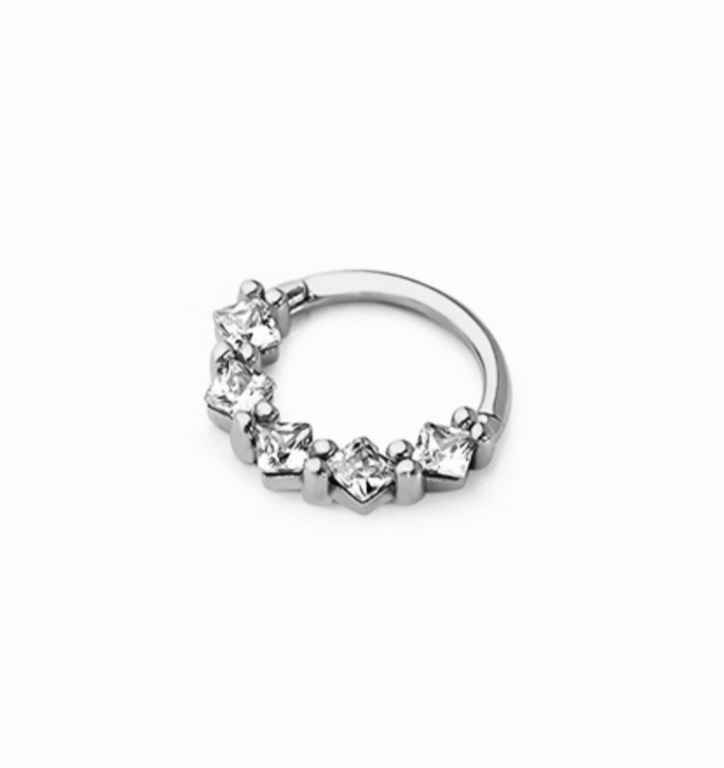 8mm Hoop piercing earring with clear zircons - 14K Solid White Gold