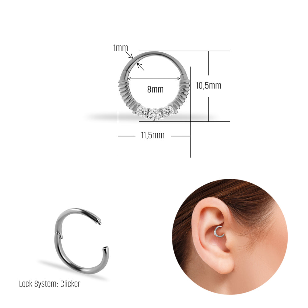 8mm Hoop piercing earring with clear zircons- 14K Solid White Gold