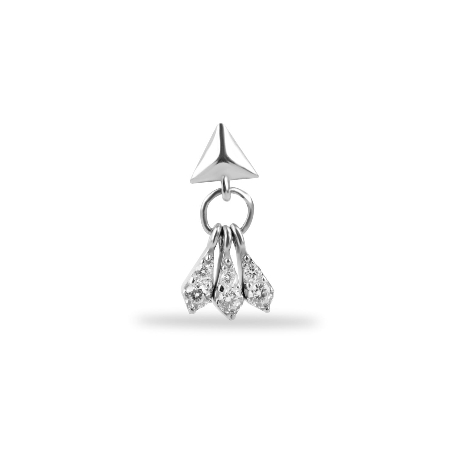Stud piercing earring with clear pendant zircons - 14K Solid White Gold