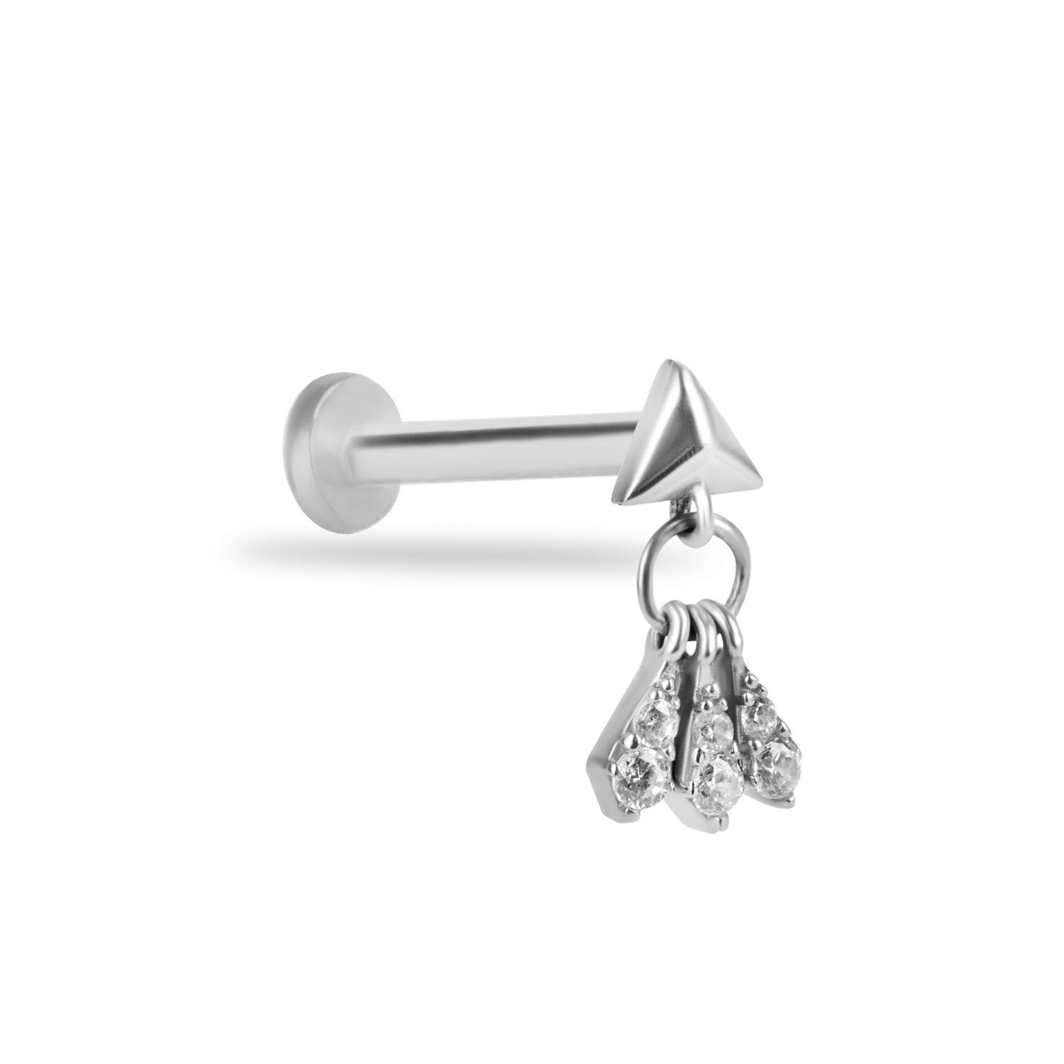 Stud piercing earring with clear pendant zircons - 14K Solid White Gold