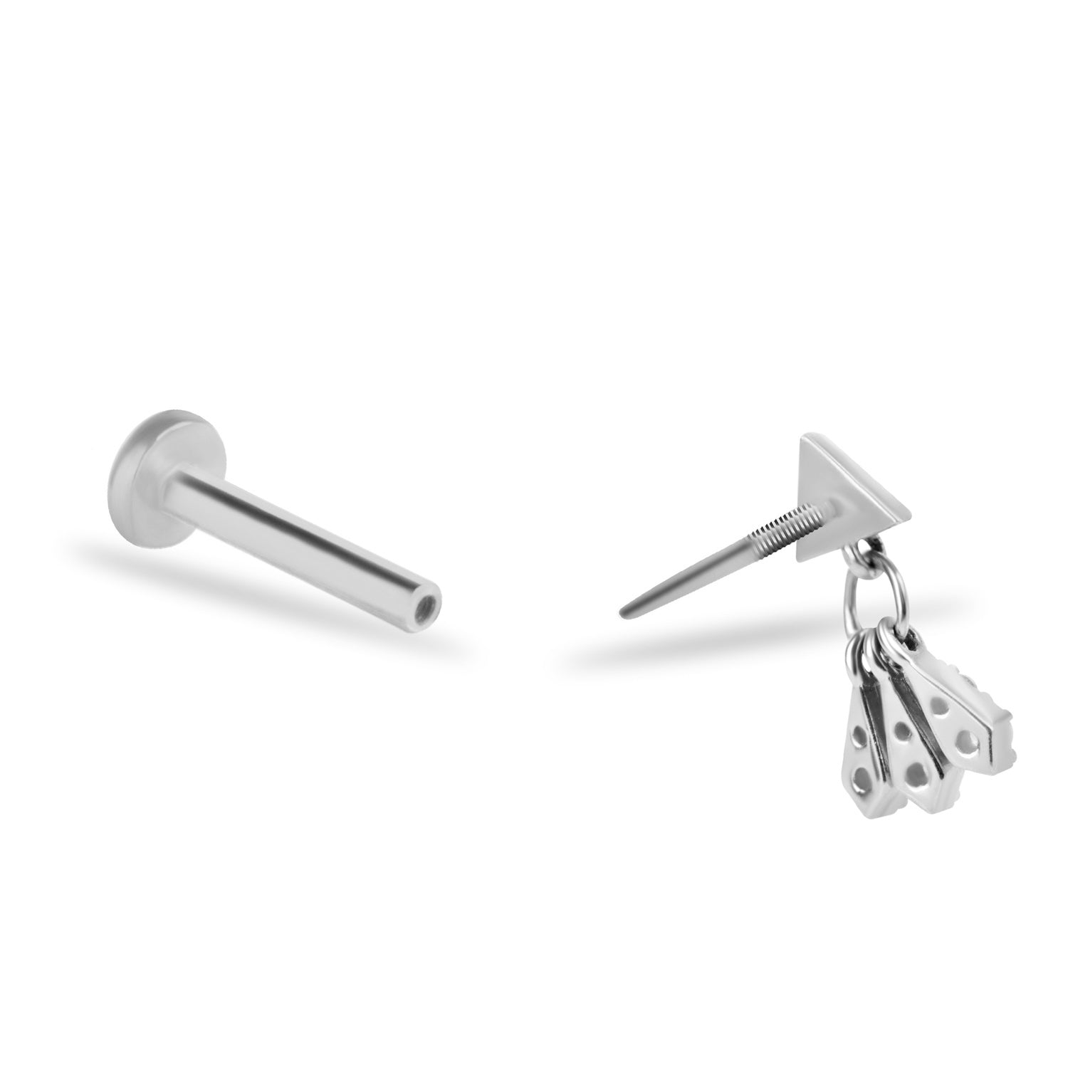 Stud piercing earring with clear pendant zircons - 14K Solid White Gold