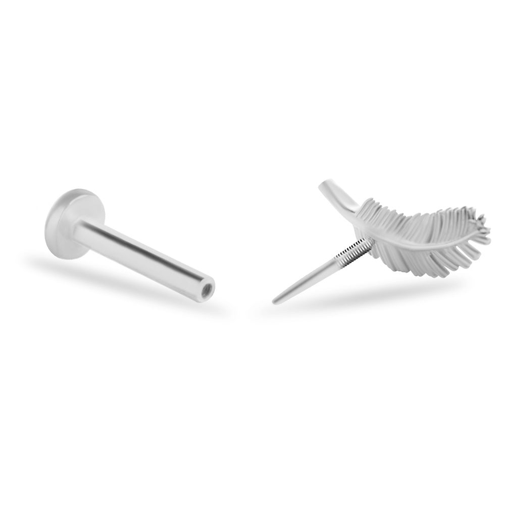 Feather stud piercing earring - 14K Solid White Gold