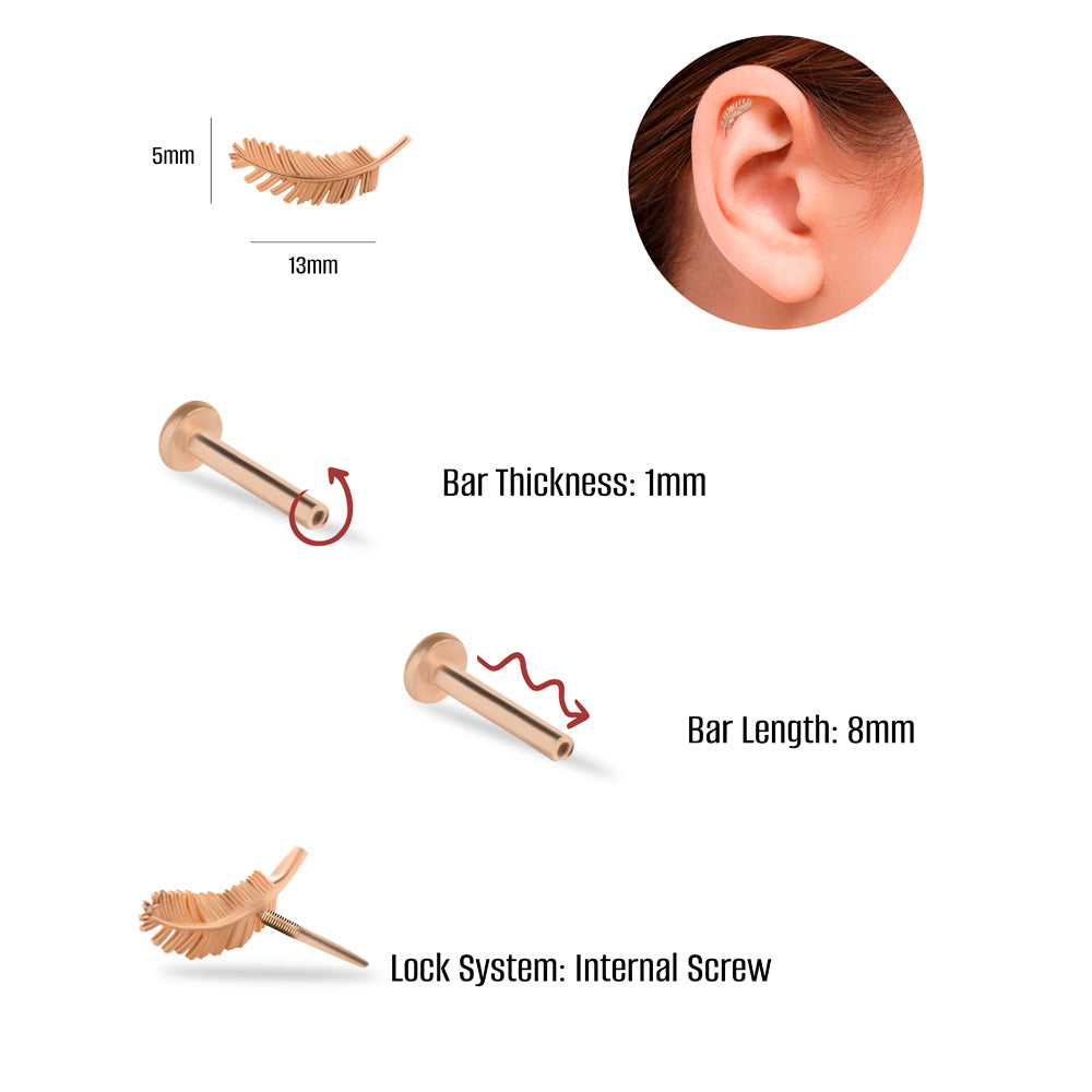 Feather stud piercing earring - 14K Solid Rose Gold