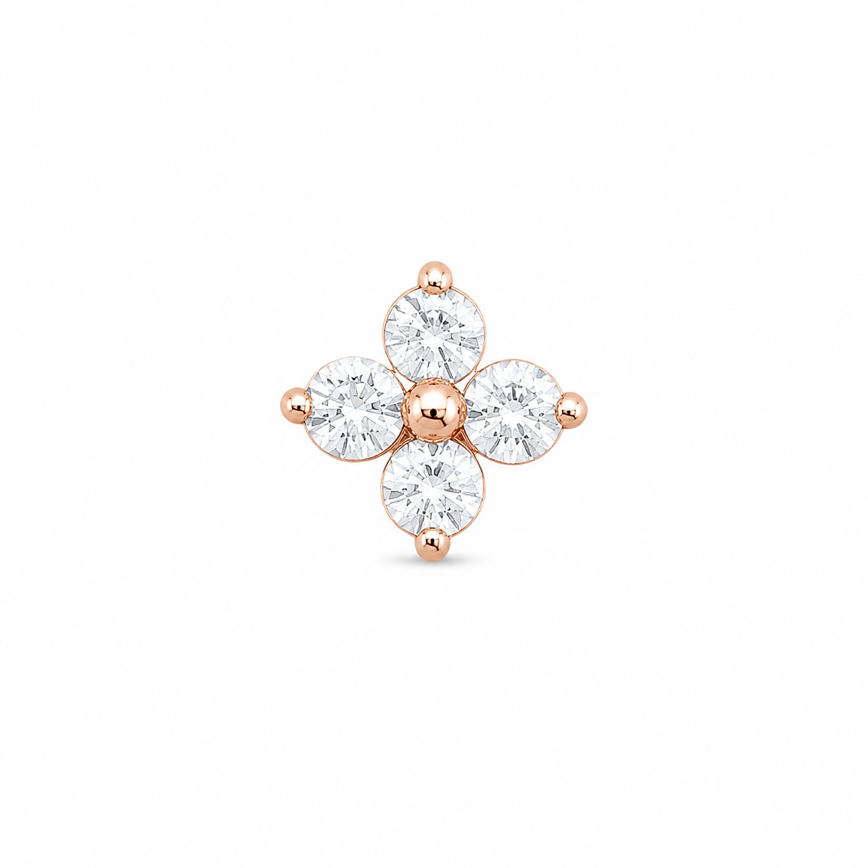Flower stud piercing earring with clear zircons - 14K Solid Yellow Gold