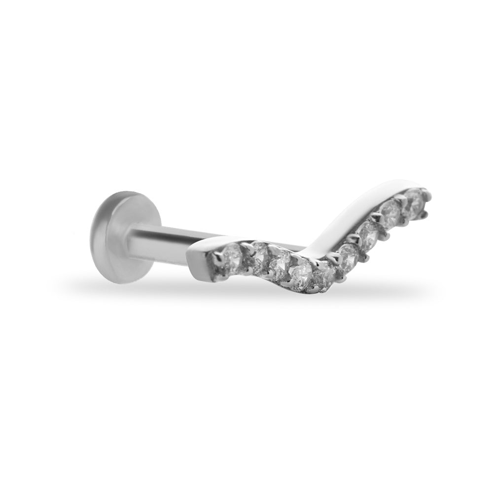 Stud piercing earring with clear zircons - 14K Solid White Gold