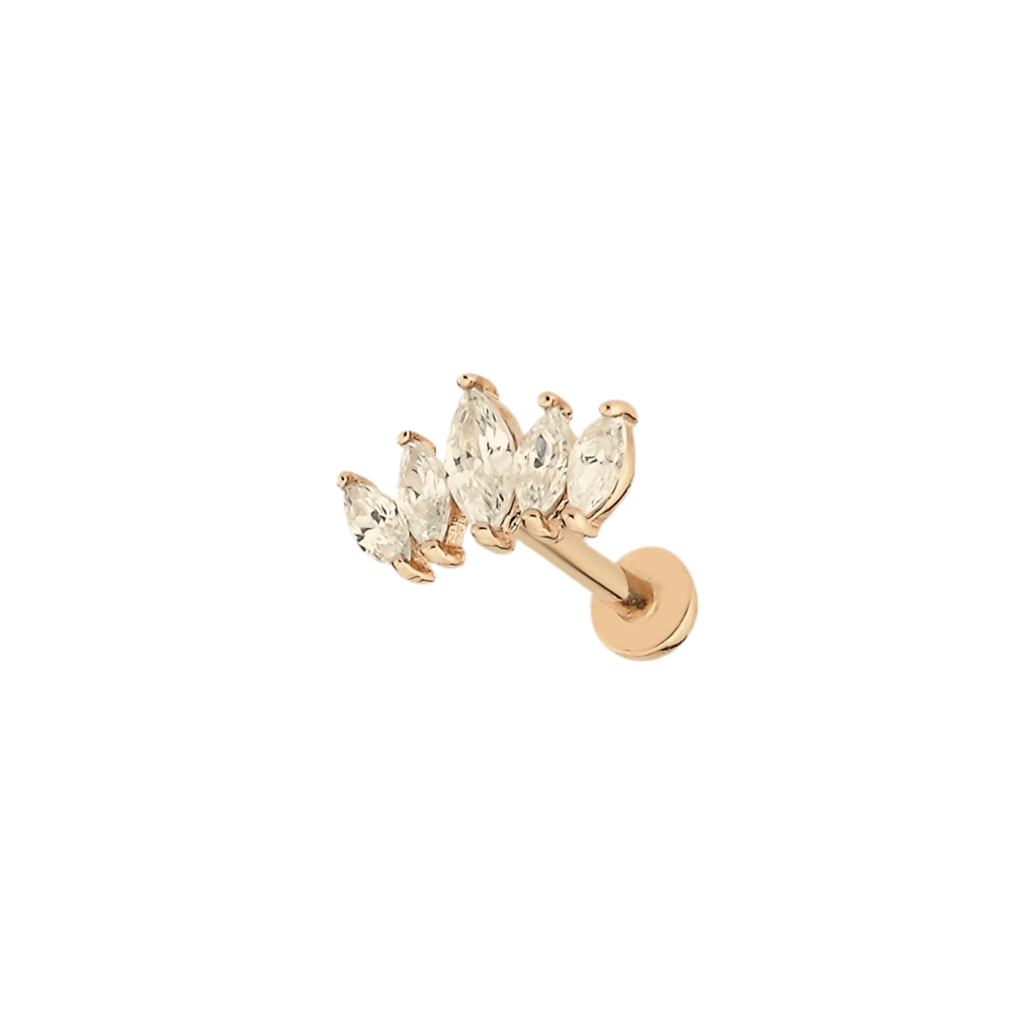 Lotus stud piercing earring with clear zircons - 14K Solid Rose Gold